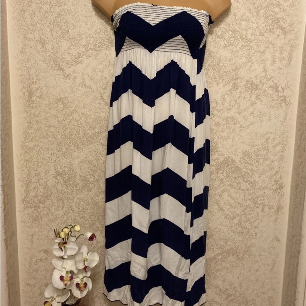 Espresso Strapless Maxi Dress - Navy and White Chevron